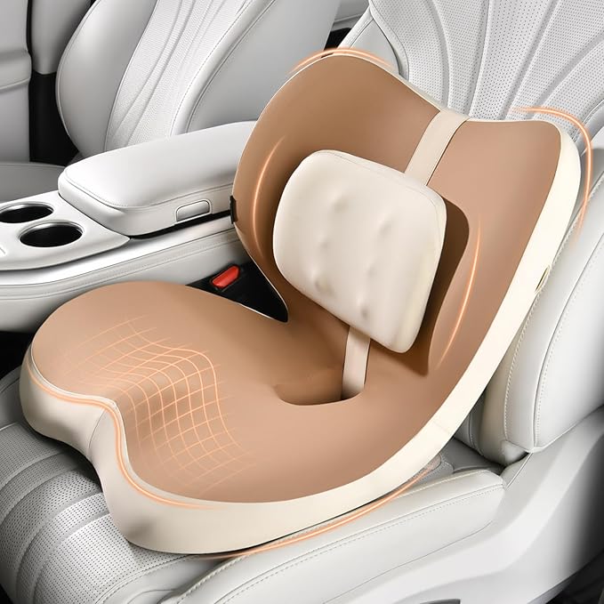 FLORICH 2 in1 Truck Seat Cushion and Lumbar Support Pillow Memory Foam Car Seat Cushion with Adjustable Strap for Truck Driver Long Drives, Fits Semi Truck Seat,Car,Office&Gaming Chair(Light Brown)