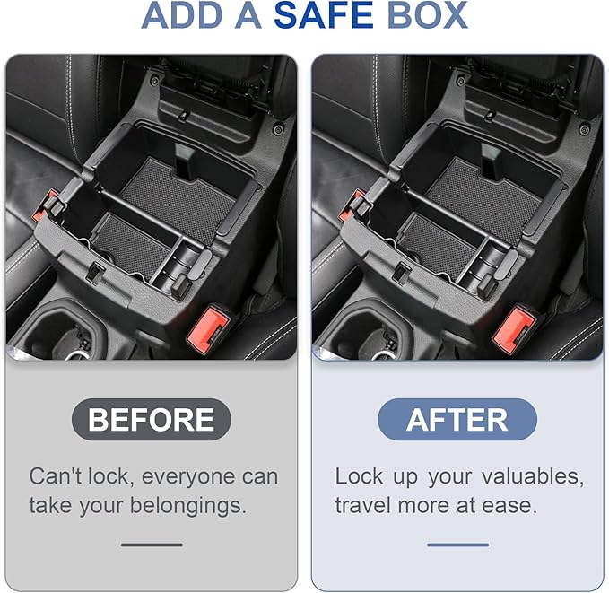 Center Console Lock Safe Box Compatible with Jeep Wrangler JL 4XE 2018-2025 for Gladiator JT Interior Accessories Armrest Vault Security Organizer Tray with 3 Digit Combo Password