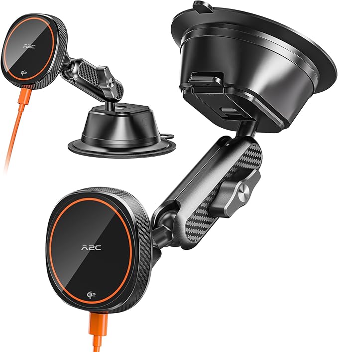 A2C Qi2 15W Wireless Charger for MagSafe Car Mount Charger Magnetic Suction Cup Phone Holder Windshield/Dashboard for iPhone 17/16/15/14/13/12, Aluminum Alloy Arm, for Jeep Wrangler, F150