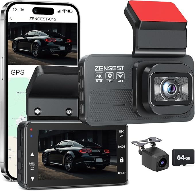Dash Cam Front and Rear, 4K+1080P FHD Dual Camera with ADAS, GPS, 5G WiFi & App Control, 64GB Card Included, G-Sensor, Night Vision, Loop Recording, 170°Wide Angle, WDR, 24H Parking Mode