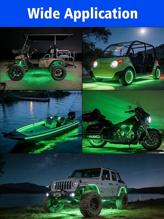 YM E-Bright 4Pcs Led Strip Lights for Car 24inch Waterproof IP68 Car Underglow Strip Lights Decoration 36SMD 12V Led Interior Exterior Lights Strip for Cars Motorcycles Truck Golf Cart Boat - Green