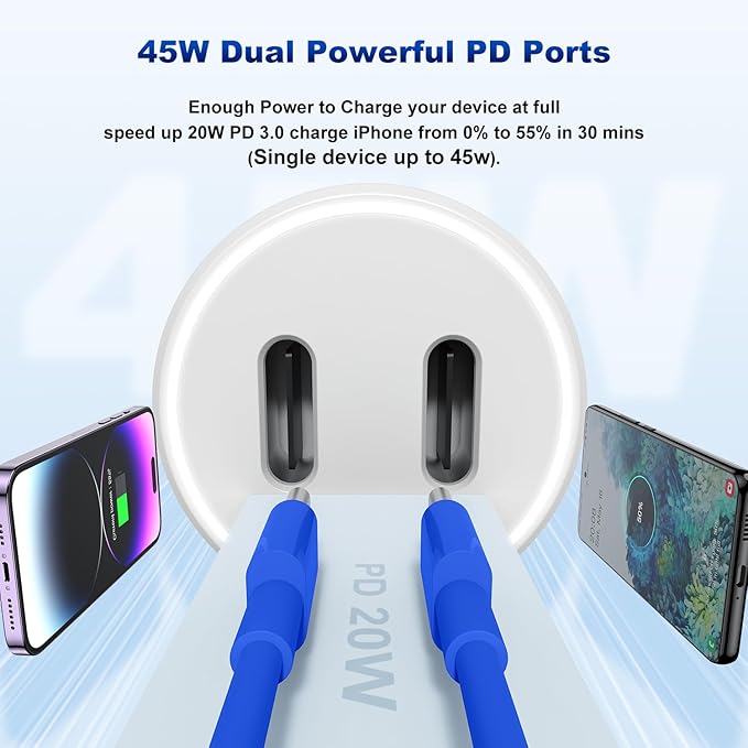 iPhone 14 13 Car Charger, Certified 45W Dual Port USB C Rapid Apple Car Adapter with 6ft Type C to Lightning Cable Fast Charging for iPhone 14 Pro/14 Pro Max/14 Plus/13/12/11/X/XS/SE,iPad-Blue