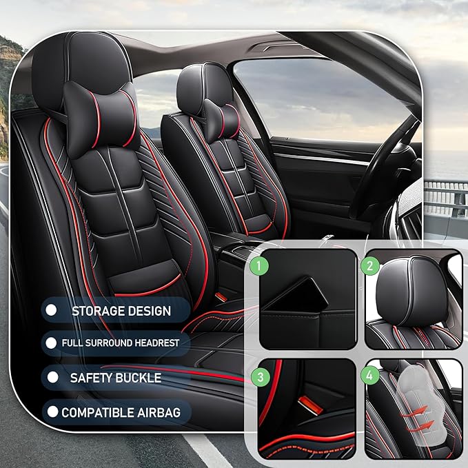 Leather Car Seat Covers Fit for Toyota 4Runner 1991-2024, 5 Seater Car Seat Cover, Premium Waterproof, Scratch Resistant Car Interior Accessories (Full Set with Pillow Black Red)