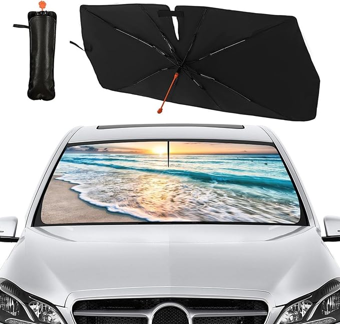 Socira Beach Sun Shade Car Windshield Umbrella Beach Sunshade for Window Shades Windshield Sun Shade Umbrella Beach Car Accessories Fits Most Trucks & SUVs 57'' x 30''