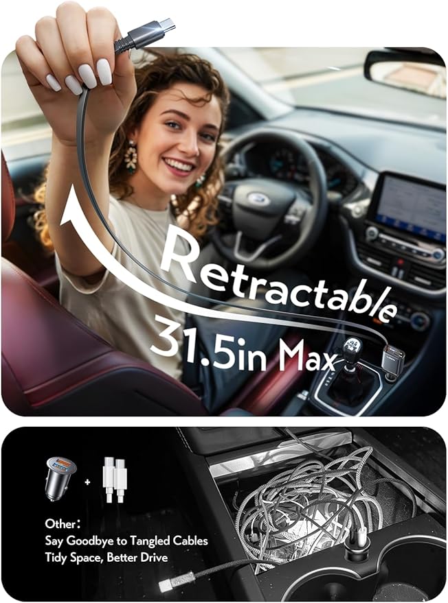 LISEN Retractable Car Charger USB C, [Upgraded 72W Max] Car Accessories for F150/Jeep Gadgets Gifts for Men Women, Valentine Gifts for Men Him Her Car Charger for iPhone/Android Truck RV Electronics