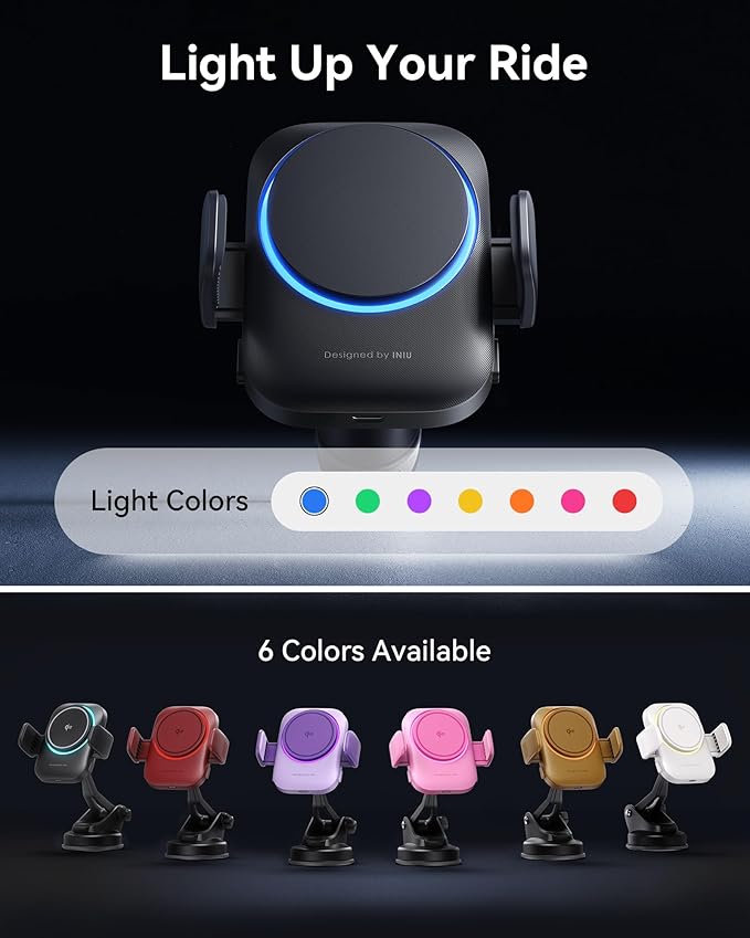INIU Qi2 Certified 15W Car Phone Holder Wireless Charger, Ultra-Stable 22N for MagSafe Car Mount Charger with Cooling Fins & RGB Lighting for iPhone 16/15/14/13/12 Series, Yellow