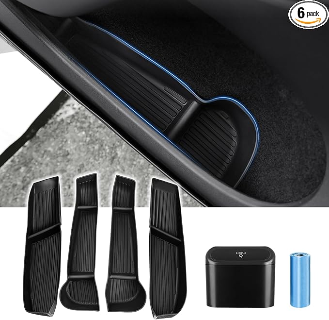 Canvcle Car Door Side Storage Box and Trash Can for 2020-2024 Tesla Model Y (Not for Juniper) Accessories Front Rear Door Insert Tray Organizer Slot Storage Protector with Trash Can 6PCS