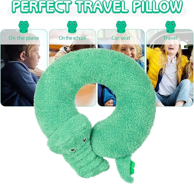 H HOMEWINS Travel Pillow for Kids,Cute Animal Neck Pillow for Boys Girls,Soft Neck Head Chin Support Pillow,Travel Accessories for Airplane, Car, Train,Recline (Crocodile)