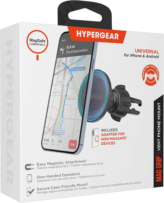HyperGear MagSafe Magnetic Phone Holder Car Phone Holder Mount for Air Vent, Cellphone Holders Car Magnet Stand, Auto Magnetic Mount, Hands-Free Universal Holders w/Adapter Ring for iPhone, Android
