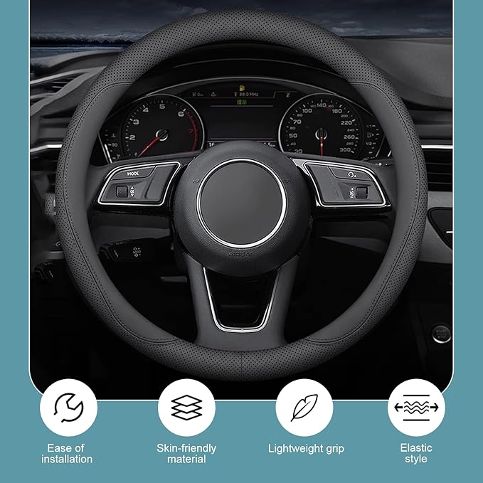 1 PC Car Steering Wheel Cover, Ultra-Thin Soft Leather Steering Wheels Accessories, 15" Round Breathable Car Wheel Cover, Universal Interior Accessories for Most Cars (Black)