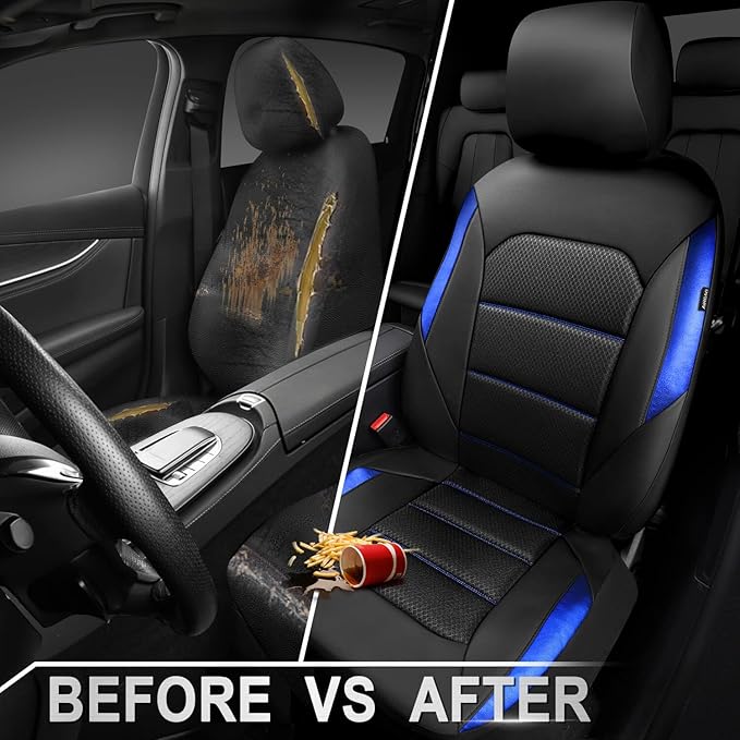 CAR PASS Memory Foam Leather Seat Covers,Air Cool Mesh Thick Car Seat Covers Front Seats Blue Leather Seat Covers for Cars Universal for SUVs Trucks,Airbag Compatible Comfort Durable,Black Blue Metal