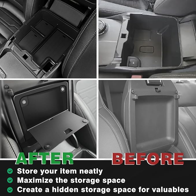 Muslogy Center Console Organizer Two-Layer & Hidden Box Magnet Opening Design Compatible with Ford Ranger 2024 2025 2026 & Raptor Accessories Secret Organizer Insert Tray Divider Storage Box