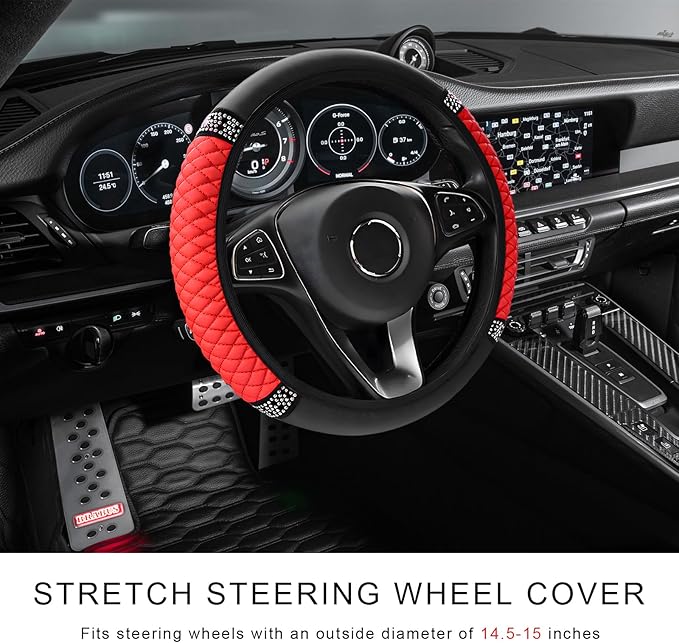 Bling Soft Leather Steering Wheel Cover, 14.5-15 Inch Sparkly Rhinestones Non-Slip Car Steering Wheel Protector, Elastic Auto Steering Wheel Cover Interior for Women Girls (Red)