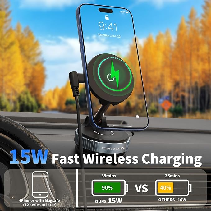 Wireless Car Charger - 15W Fast Wireless Charging Car Mount, 360° Adjustable Vacuum Magnetic Suction Phone Holders for Car, Magnetic Phone Holder for iPhone 17 16 15 14 13 12