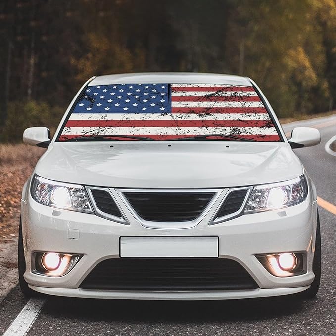 Retro American Flag Car Windshield Sun Shade Umbrella Foldable America Patriot Sunshade for Front Window Auto Windshield Sunshade Covers USA Car Accessories Protect from Sun Rays Heat 57'' X 30''