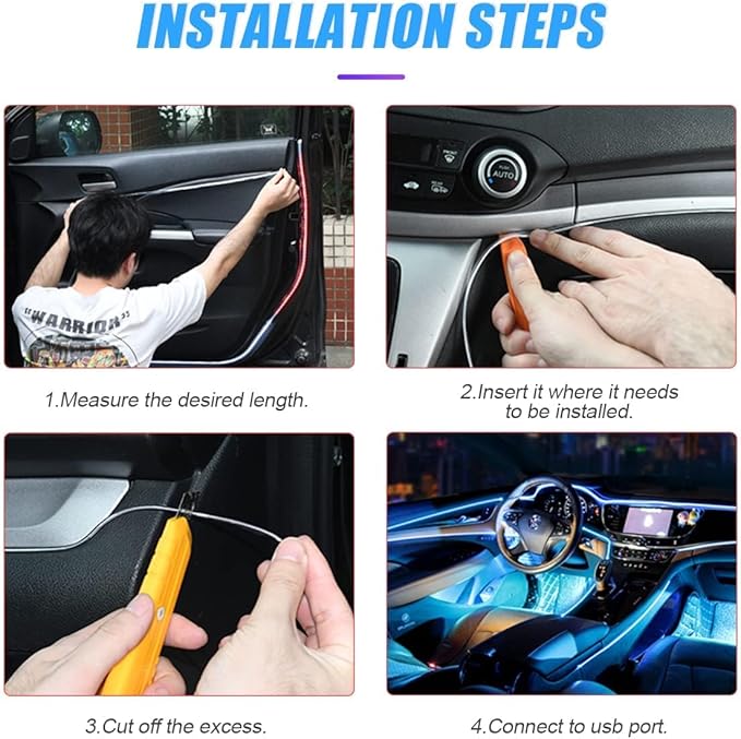 EL Wire Interior LED Strip Lights, USB Auto Neon Light With Sewing Edge, 16FT Electroluminescent Ambient Lighting Kit, Fuse Protection, Car Decoration Accessories (Yellow/16FT)