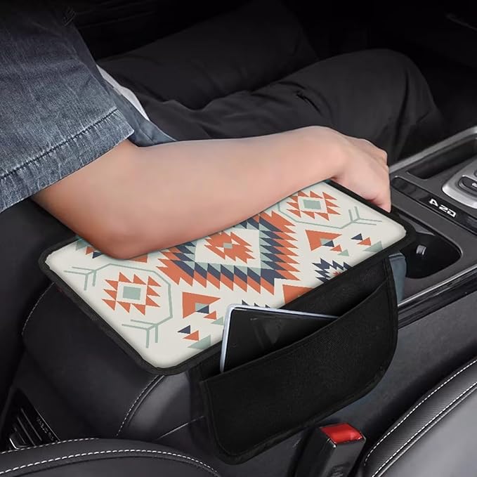 Navajo Aztec Geometric Pattern Car Armrest Cover Anti-Slip Middle Console Cover Breathable Auto Center Console Pad Car Interior Decoration Accessories Protector