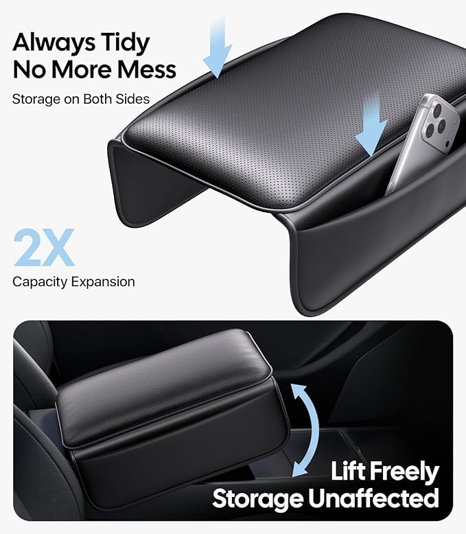 Wigoo Center Console Lid Cover for Tesla Model Y Juniper 2025-2026 & Model 3 Highland 2024-2026 (Standard, Premium & Performance), [Soft Support] Nappa Leather Armrest Protector Cover, Black