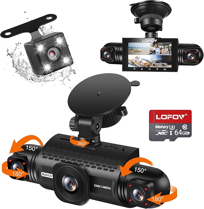 4 Channel Dash Cam 360° View, 2K Front and Rear Inside, Left Right Dash Camera for Cars, 8 IR Lamps Night Vision, 5G WiFi & APP Control, G-Sensor, Parking Mode, with a Free 64GB SD Card