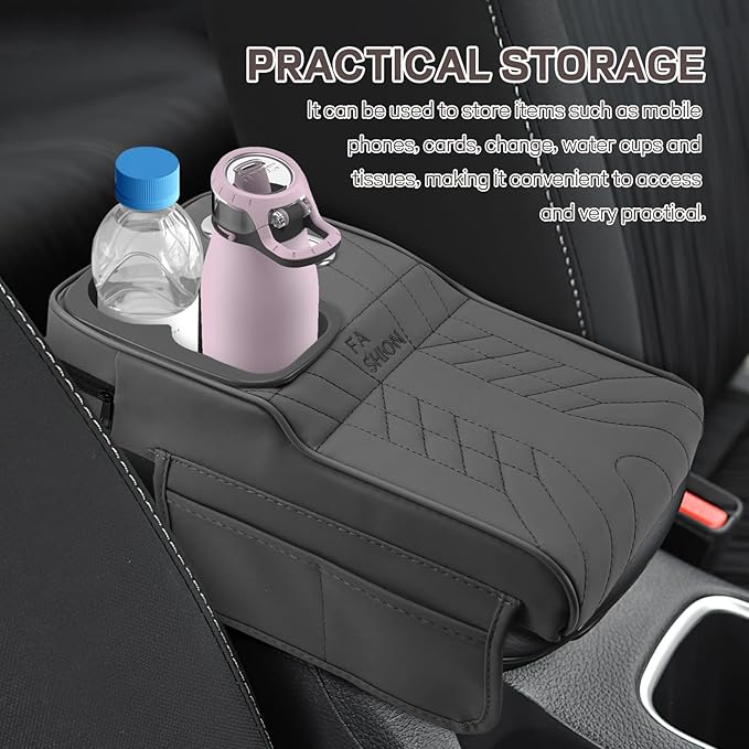 Car Center Console Armrest Pillow, 13.4"×7.5"×2" Leather Auto Arm Rest Cover with Pocket & Tissue Box & Cup Holder, Multifunctional Vehicle Armrest Cushion Pad, Car Accessories (Gray)