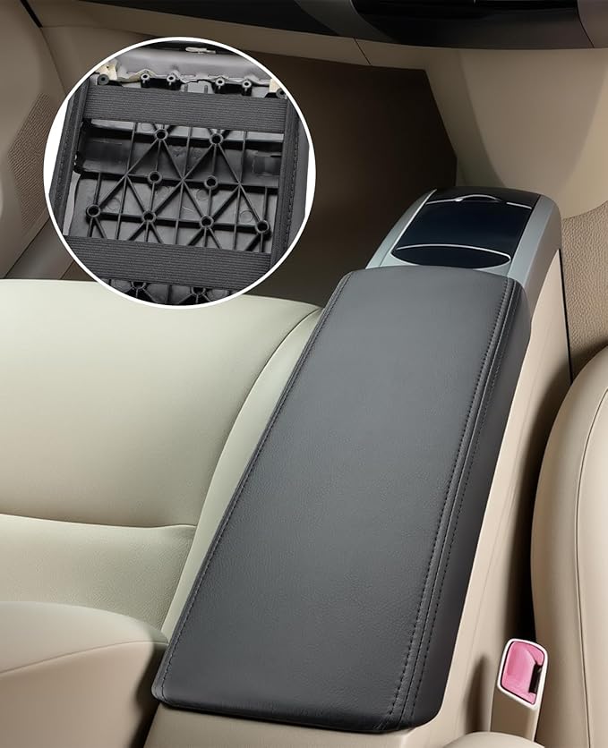 INTGET Center Console Cover for Toyota Prius Accessories 2004 2005 2006 2007 2008 2009 Leather Middle Armrest Cover Car Interior Arm Rest Lid Protector (Black Stitches, Skin Only)