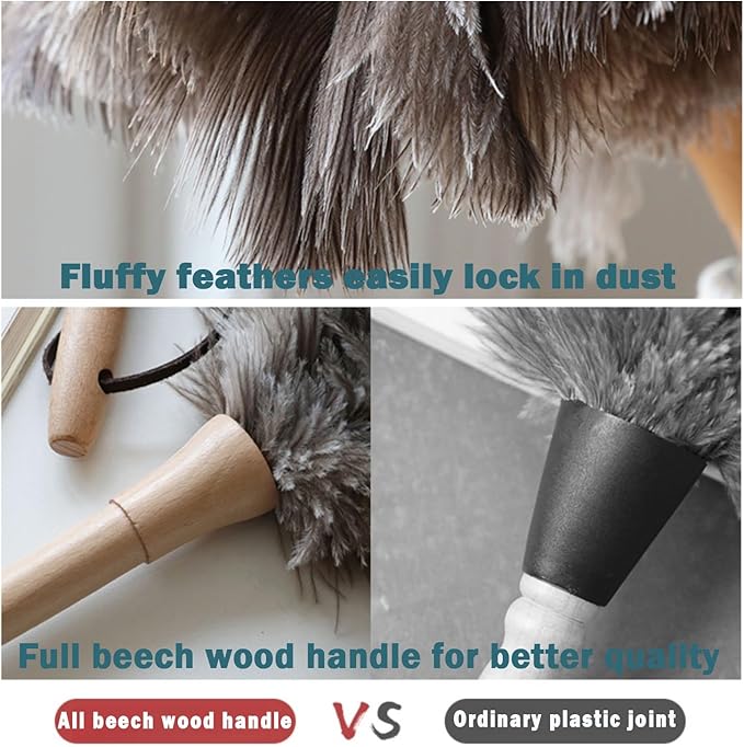 Ostrich Feather Duster for Cleaning-Furniture Dusters with Handle Ddzmz Hand Duster with Fluffy Natural Genuine Feather Reusable Household Duster, Gray and Brown(Length 16")