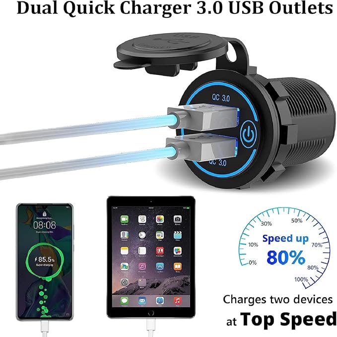 Pack of 2 x 36W Quick Charge 3.0 USB Car Charger Socket, 12V/24V Dual USB Quick Charge 3.0 Car Cigarette Lighter Adapter with Touch Switch for Motorcycle, Boat, Truck, Caravan