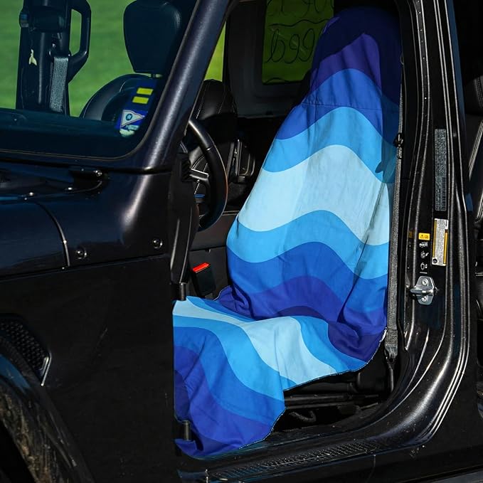 2 Pack Car Seat Towel Covers, Sweat Protector for Front Seats, Premium Thickened Microfiber with Elastic Strap, Breathable & Quick Dry, Machine Washable Cover for Gym Running Universal Fit Waves