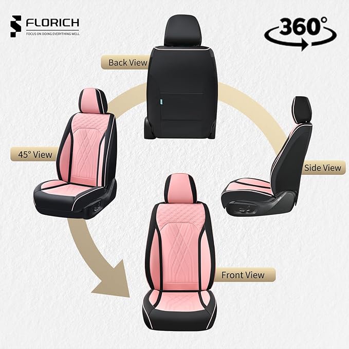 FLORICH Automotive Seat Covers Leather Pink Seat Covers for Cars Front Seats Waterproof Car Seat Cushion Interior Covers Protector Vehicle Seat Cover Universal Fit for Most Car Truck SUV, Black&Pink