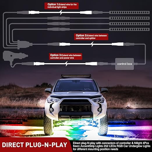 Nilight 2 Pack 5FT 4 Pin Extension Cable Cord for 4PCS Car Underglow Neon Accent Strip Lights 252 LEDs RGB 8 Color Wire Harness 5 Feet Underglow Light Extension Wire Plug and Play