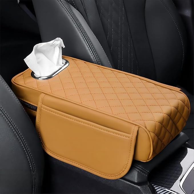 Car Center Console Cover for Fiat 500L (Type 330) 2012-2021, Leather Car Arm Rest Cover, Car Armrest Cushion with 2 Storage Bags Car Center Console Armrest Pad, G Yellow