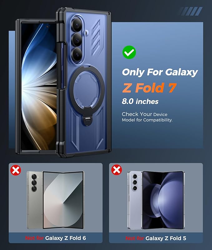 FNTCASE for Samsung Galaxy Z-Fold-7 Case: [360 Spin Magnetic Ring Kickstand] [Compatible for MagSafe] [Screen Protector] Heavy Duty Mil-Grade Protection Galaxy Z Fold7 Case with Stand Clear Black