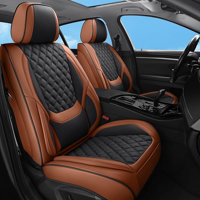 Car Seat Covers Full Set Brown, Luxury Faux Leather Waterproof Non-Slip Women Seat Protector Universal Fit for Most Cars SUVs Trucks Pick-ups,Car Interior Accessories (Brown Black-Full Set)