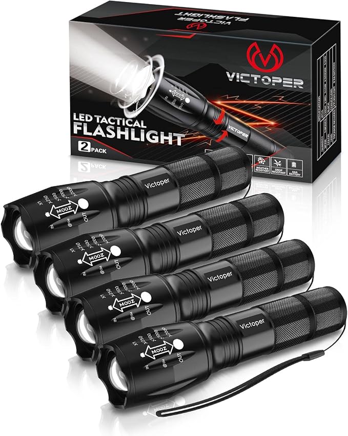 Victoper LED Flashlight 4 Pack, Bright 2000 Lumens Tactical Flashlights High Lumens with 5 Modes, Waterproof Zoomable Flash Light for Outdoor, Gifts for Student Dorm Camping Essentials Camper Gear
