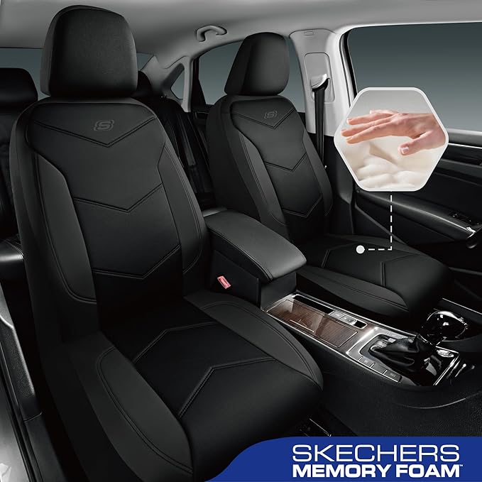 Skechers Memory Foam Seat Covers,Leather Car Seat Covers, Ultimate Comfort & Support Seat CoversFull Sets,Airbag Compatible, Automotive Universal Fit Most for SUVs, Vans, Sedans, Cars, Trucks,Black