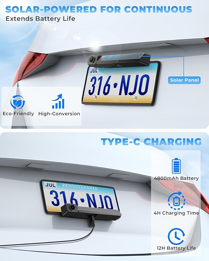 Solar Wireless Backup Camera, 5" 1080P DVR Monitor, 2-Min No-Wiring Installation Back Up Camera, 4800mAh Battery, Stable Signal, IP69K Waterproof Reverse Camera for Car, SUV, Pickup, Truck, Trailer