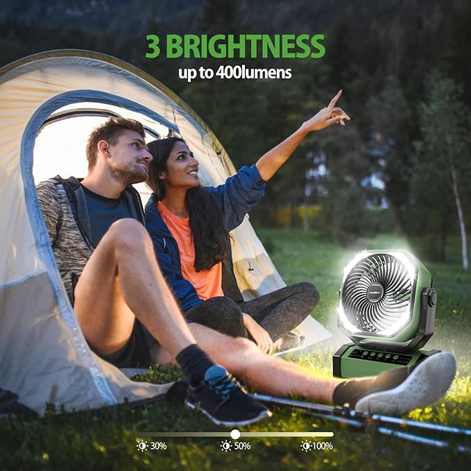 AddAcc 20000mAh Rechargeable Camping Fan - Battery Operated Fan with Light & Remote, Auto Oscillating, 4 Timer, 60 Hrs Work Cordless Tent Fan for Travel Outdoor RV Garage Power Outage Emergency
