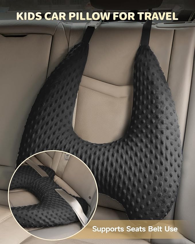 Memory Foam Kids Travel Pillow, Car Pillow for Kids, H-Shape Car Pillows for Sleeping, Removable Pillowcase, Adjustable, Velvet Dots, Black