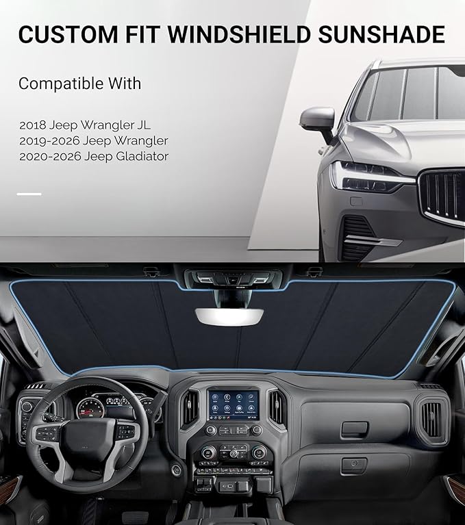 Windshield Shade for Jeep Wrangler JL 2018-2026, Gladiator 2020-2026 Sunshade- Safeguard