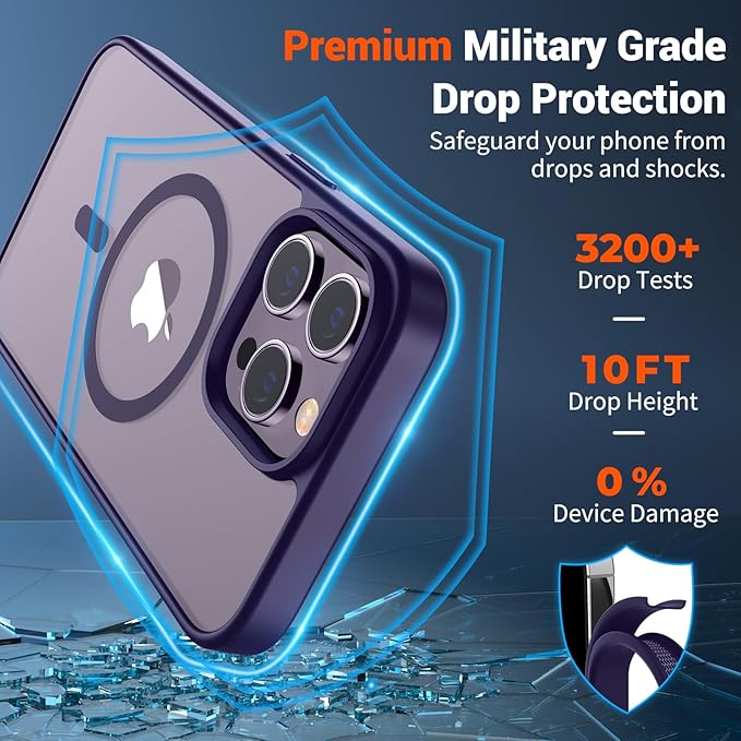 SUPFINE Magnetic for iPhone 14 Pro Max Case (Compatible with MagSafe) (Military Grade Drop Protection) Slim Translucent Matte Shockproof with Anti-Fingerprint Phone Case,Dark Purple