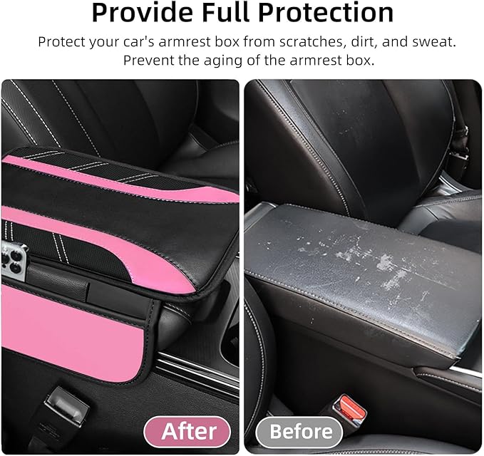 NBTEPEM Pink Center Console Cover, Sporty Leather Armrest Cover Cushion with 2 Storage Pockets, Universal Auto Middle Console Protector, Car Interior Accessories for Most SUV, Truck, Sedan Vehicles