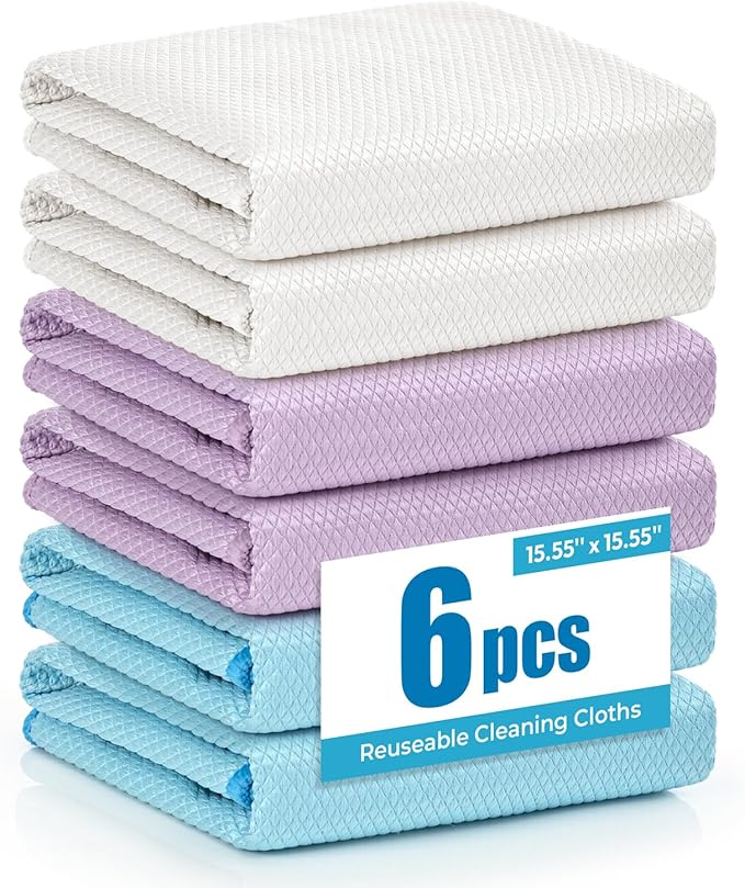 Microfiber Glass Cleaning Cloth 6 Pack, 15.5x15.5 Inch Magic Cleaning Rags, Lint Free Streak Free Reusable Towels for Windows, Mirrors, Cars, Screens, Kitchen and Stainless Steel Surface
