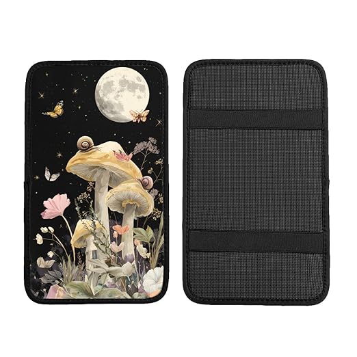 Moon and Stars Mushrooms Snails Car Auto Armrest Cushion Cover Accessories Center Console Seat Box Pad Protector Universal Decoration for Most Vehicle SUV Truck