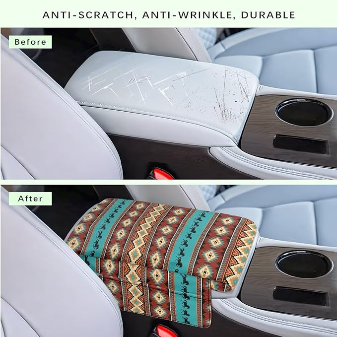 Armrest Cover Center Console Pad for Cars with Pockets, Aztec Horse Cars Interior Accessories for Women Men, Armrest Protector Fit Most Auto Vehicle, SUV, Truck Arm Rest Box