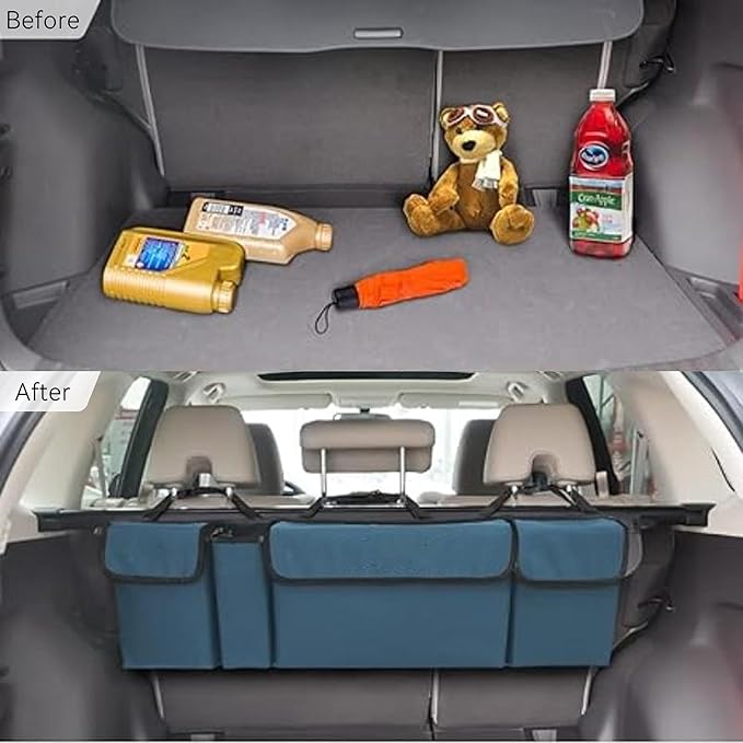 Car Trunk Organizer, Backseat Hanging Large Storage with Adjustable Straps,Waterproof PVC Collapsible Cargo Bag, Car Interior Accessories for Auto SUV MPV (Blue)