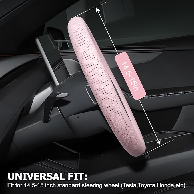 Microfiber Leather Universal 14.5-15 inch Steering Wheel Cover,Easy to Install Non-Slip Breathable Steering Wheel Protector Light Pink