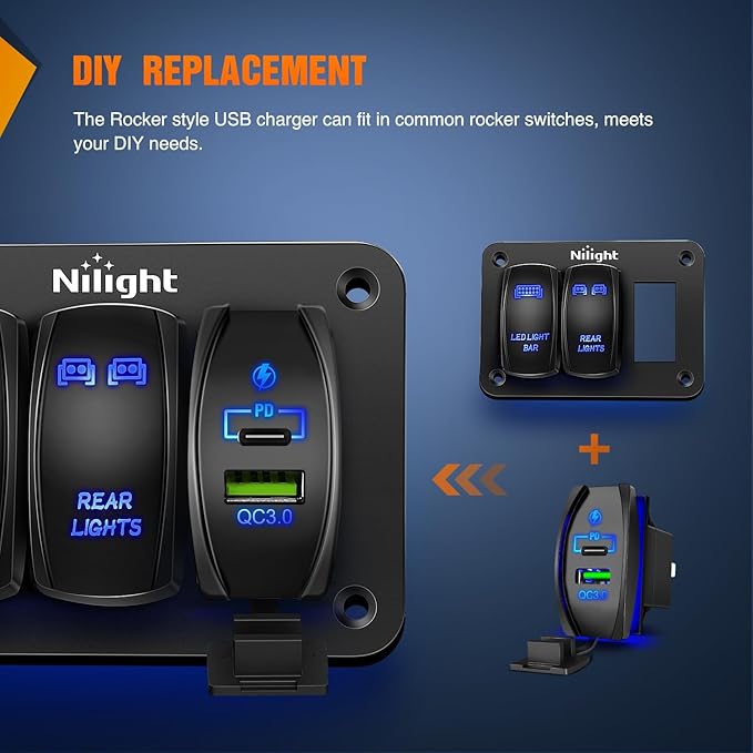 Nilight Rocker Switch Style USB Outlet Socket Fits Panel 4.2A PD Type C and QC 3.0 12V 24V Fast Socket Dual Outlets Port for Cars Boats Trucks RVs