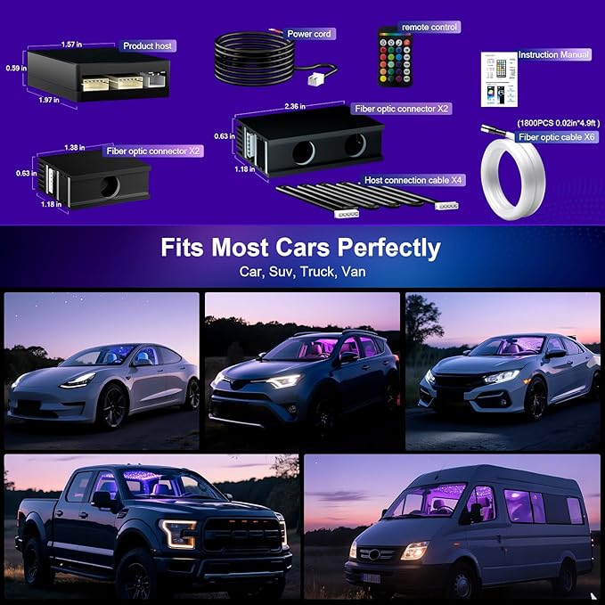 Split Starlight Headliner Kit - 1800pcs 0.02in 4.9ft Fiber Optic RGBW Star Lights for Car with 6 Light Heads 16W Engine Easy to Hide,Flexible Wiring,APP/Remote Control for Car Roof Ceiling