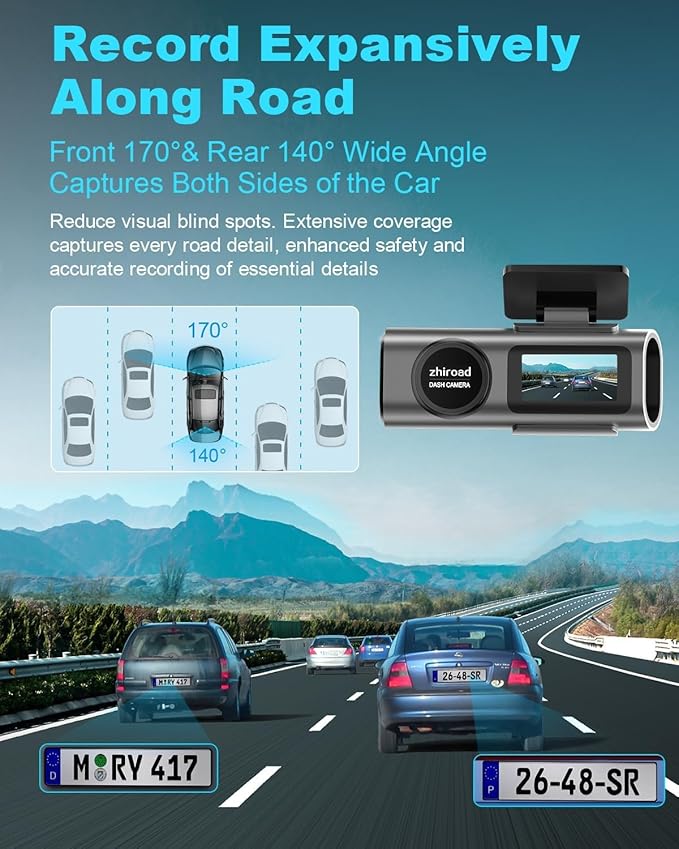 4K Dash Cam Front and Rear, Built-in WiFi, 170° Wide Angle, Night Vision, 24H Parking Monitor, G-Sensor, WDR, 1.47” IPS Screen, with 64GB SD Card (Supports 256GB Max) - Car Dash Camera with App
