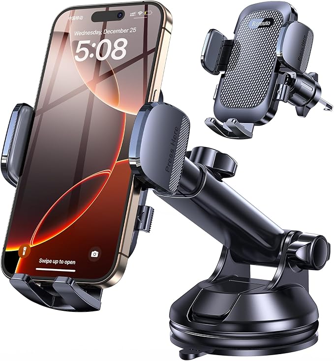 Romuto Phone Holders for Your Car Phone Holder Mount【Super Suction】Cell Phone Mount for Car Accessories for Women Men Windshield/Vent/Dash Truck Stand Desk Mount Clamp Holder for iPhone Samsung Camera